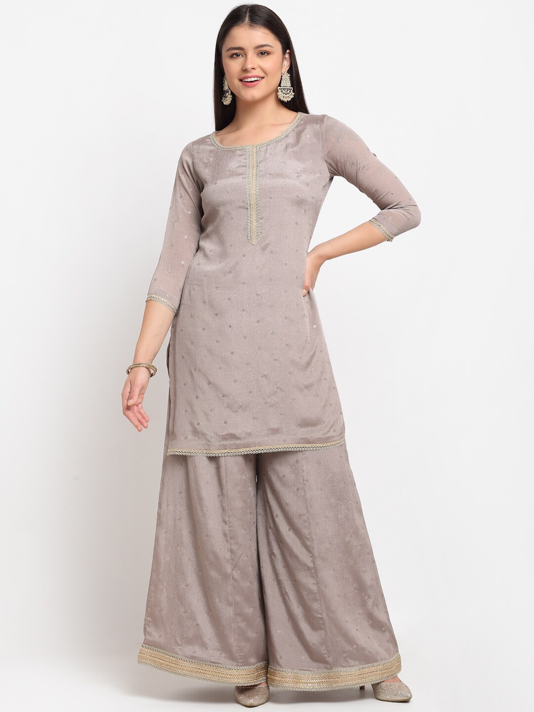

anokherang Women Grey Floral Sequinned Silk Chiffon Kurta with Palazzo