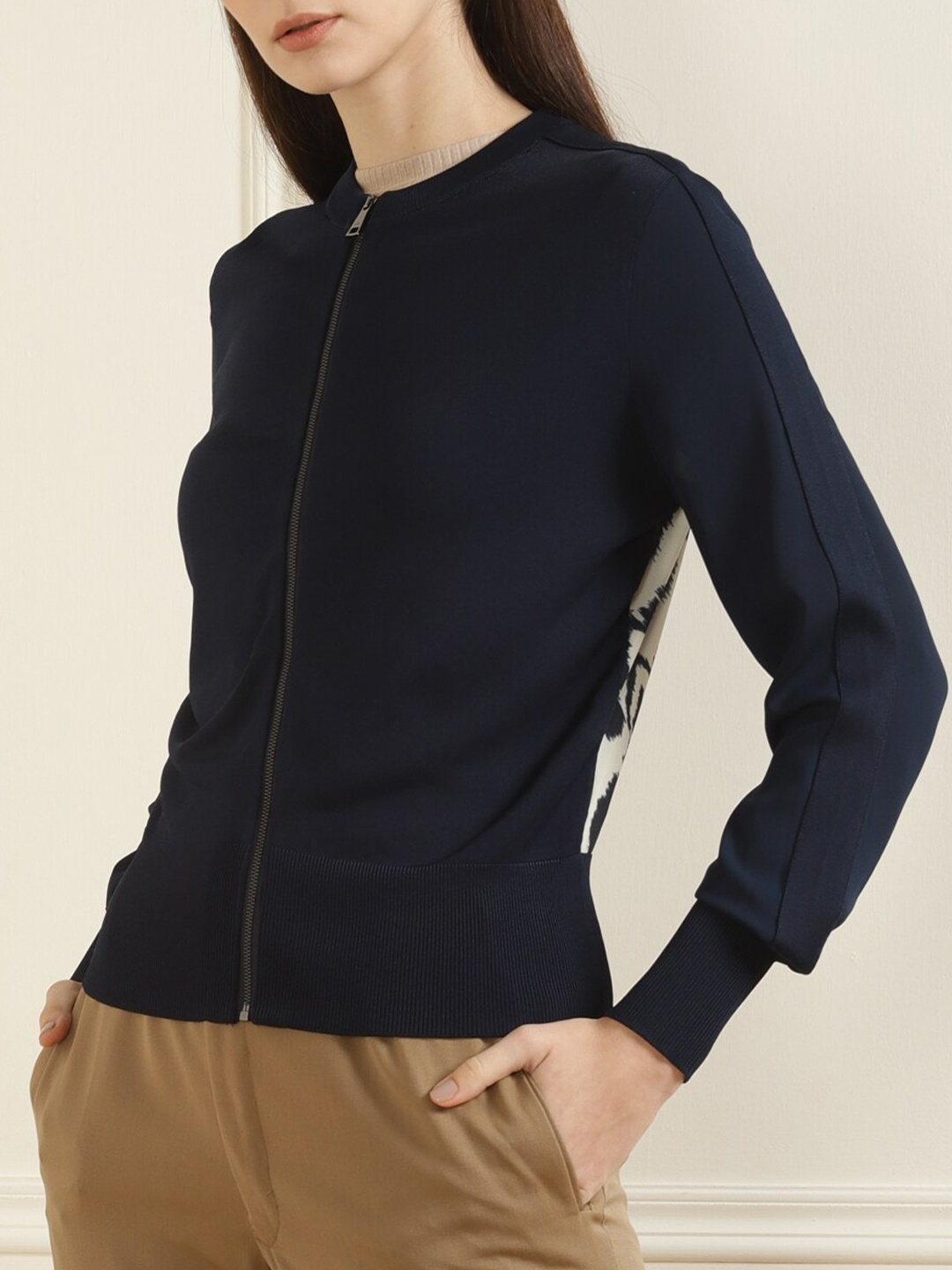 

Ted Baker Women Navy Blue & White Printed Front-Open Sweater