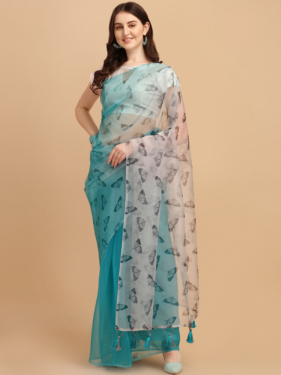 

Mitera Blue Organza Fusion Butterfly Block Print Saree, White