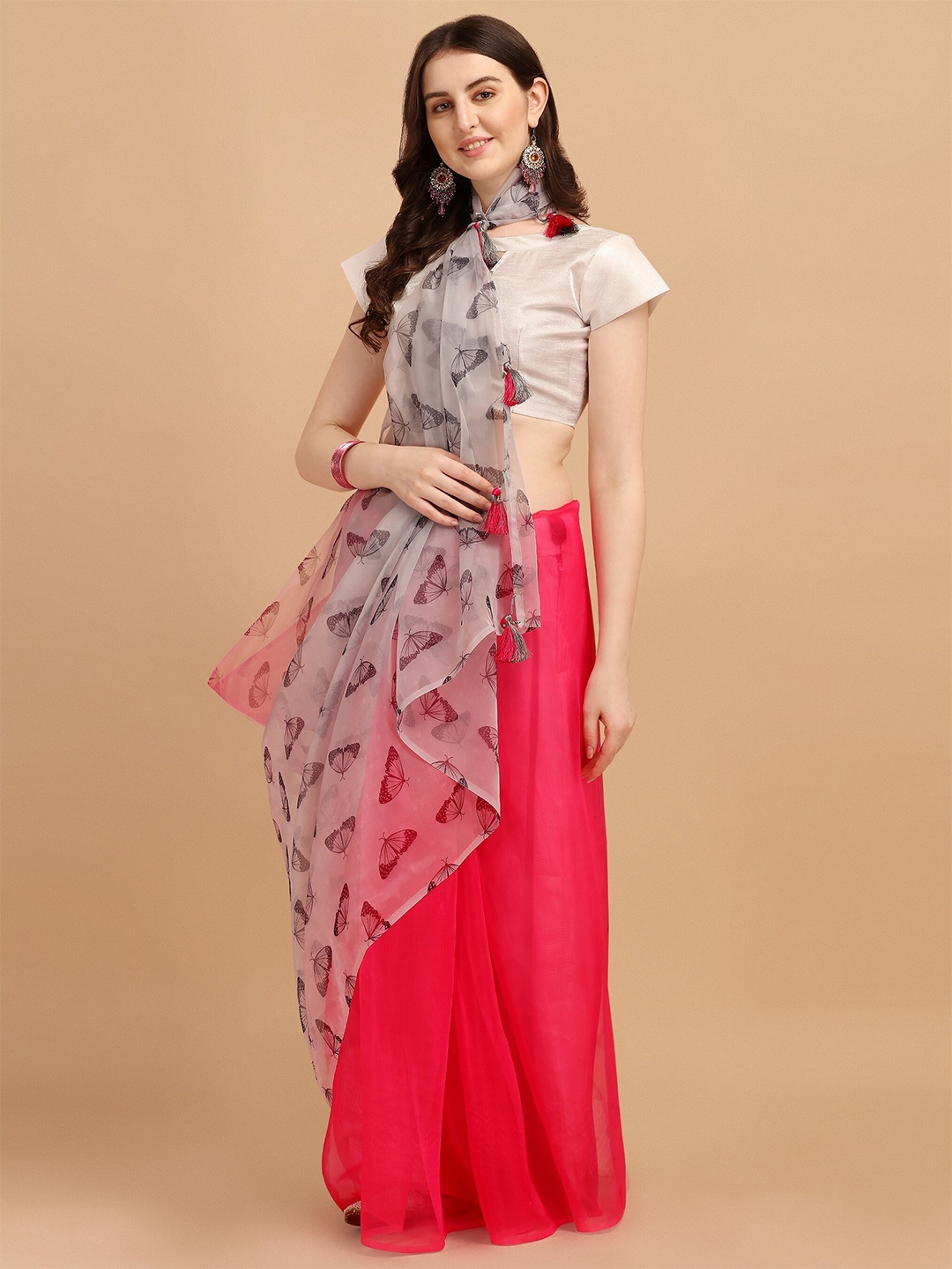 

Mitera White & Pink Ethnic Motifs Organza Block Print Half and Half Saree