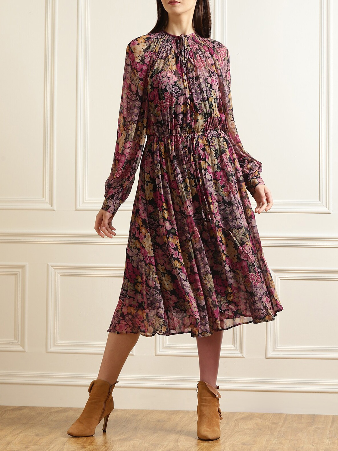 

Polo Ralph Lauren Pink Floral Tie-Up Neck A-Line Dress