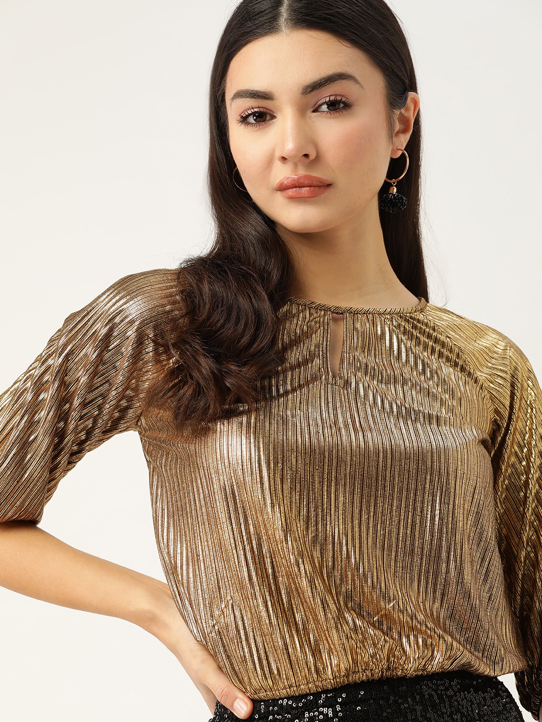 

DressBerry Golden Solid Top with Puff Sleeves, Gold