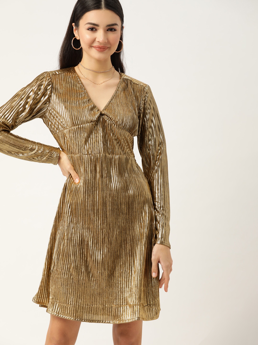 

DressBerry Golden & Brown Striped Accordion Pleats A-Line Dress, Gold