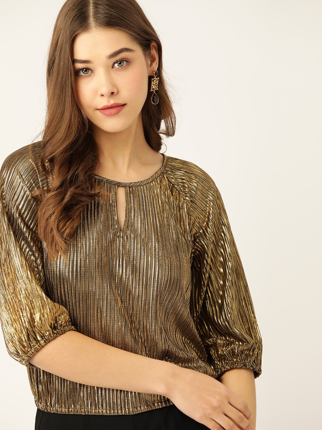 

DressBerry Golden Keyhole Neck Striped Accordion Pleated Blouson Top, Gold