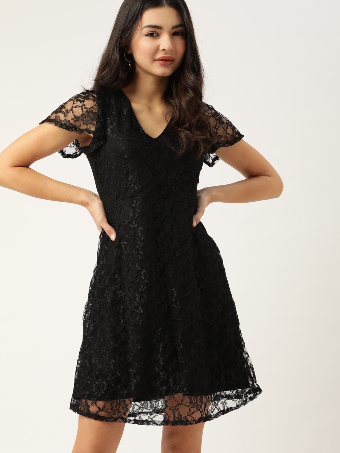 

DressBerry Black Floral Lace A-Line Dress