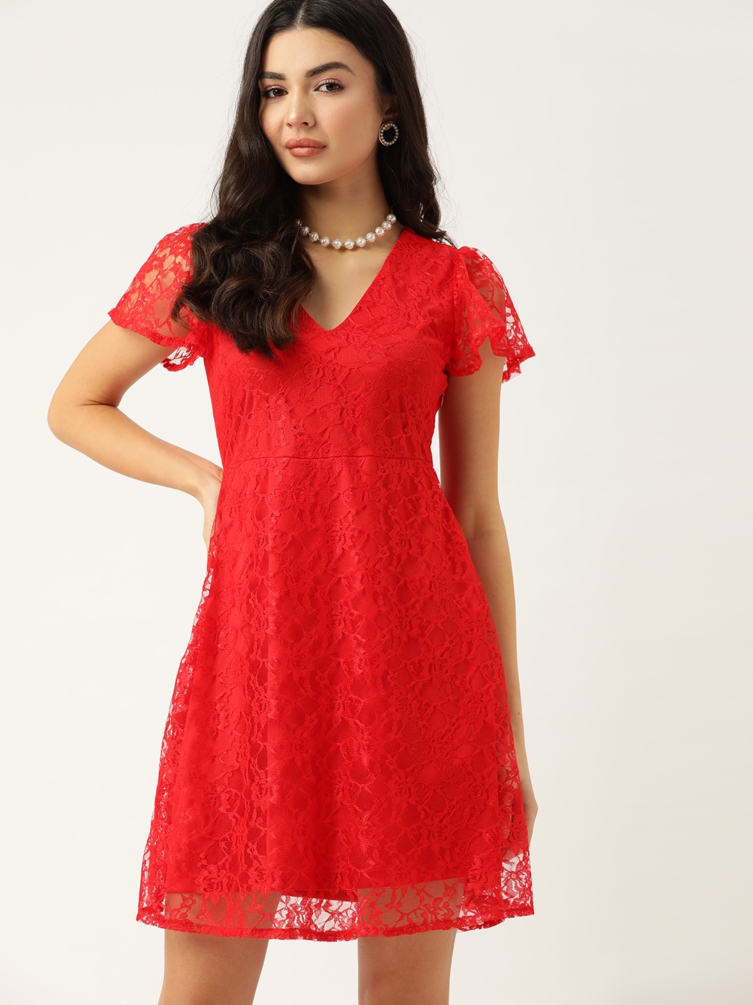 

DressBerry Red Floral Lace A-Line Dress