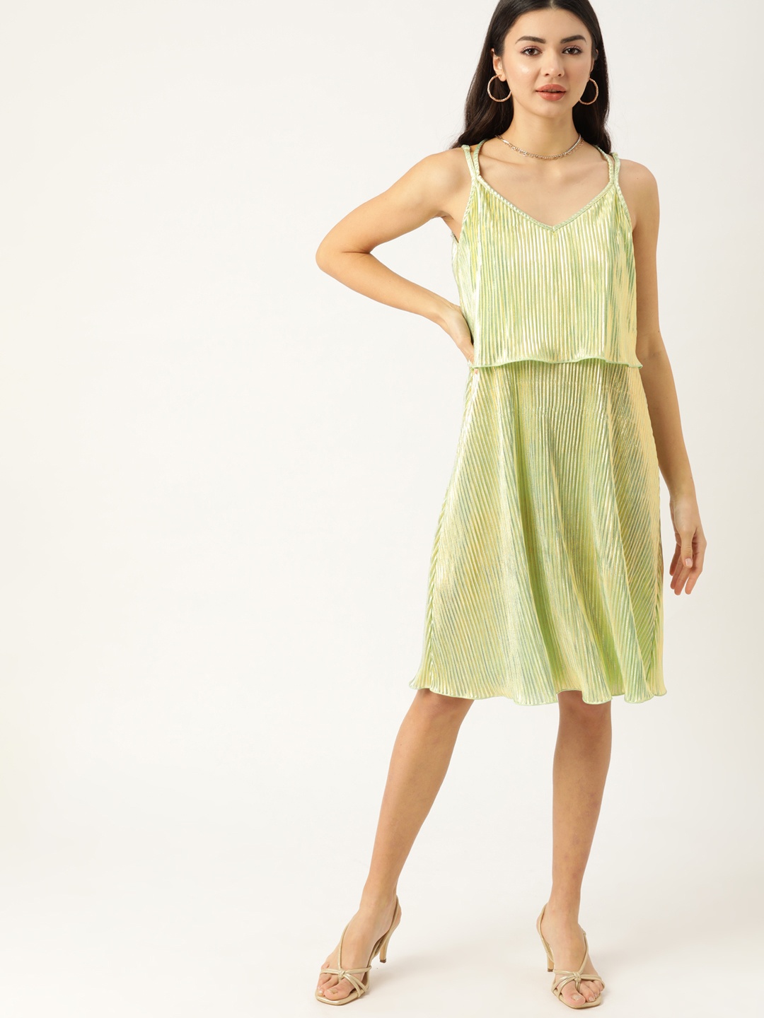 

DressBerry Green & Golden Striped Accordion Pleats Layered A-Line Dress