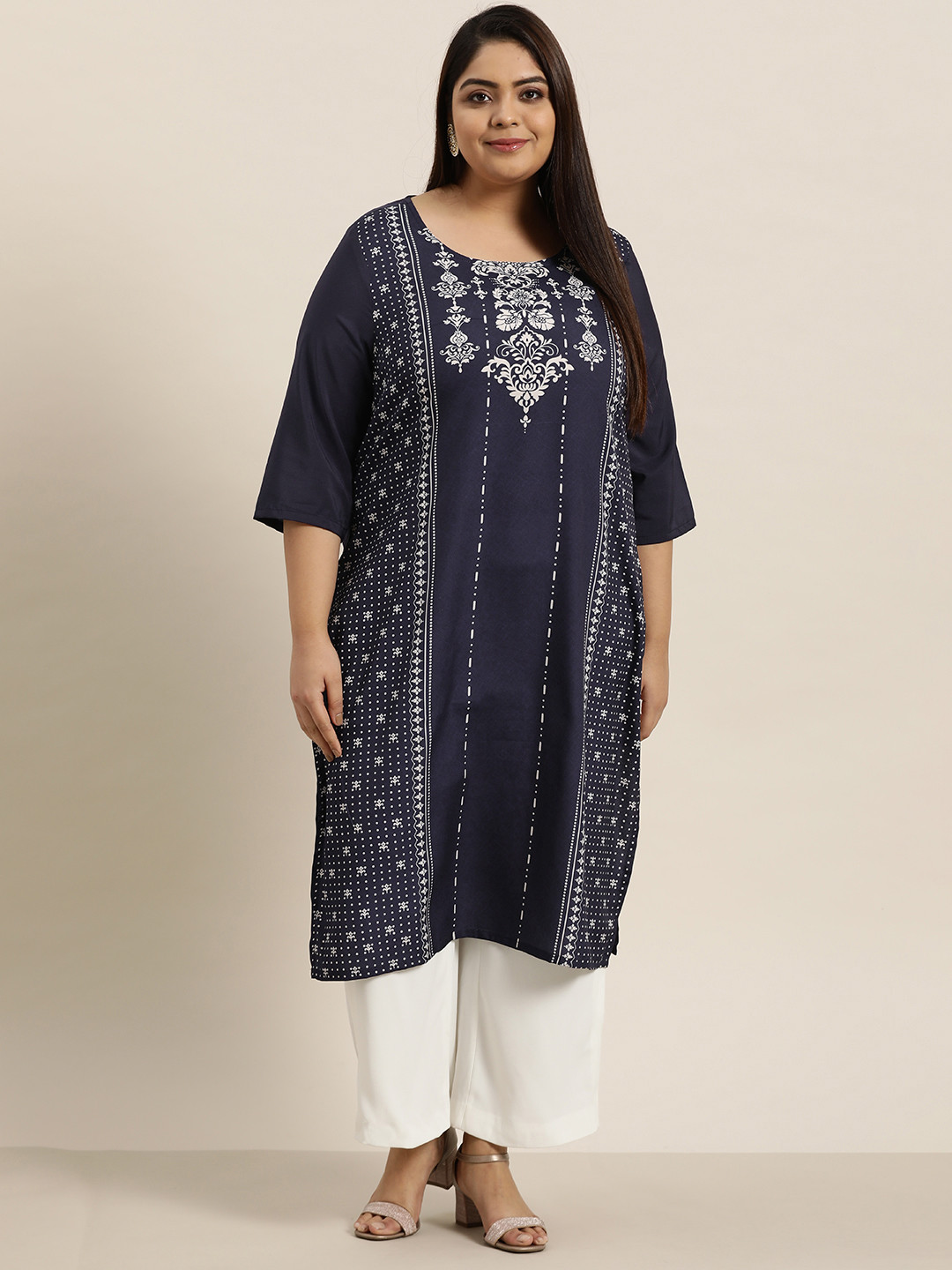 

Sztori Women Plus Size Navy Blue Ethnic Motifs Printed Kurta