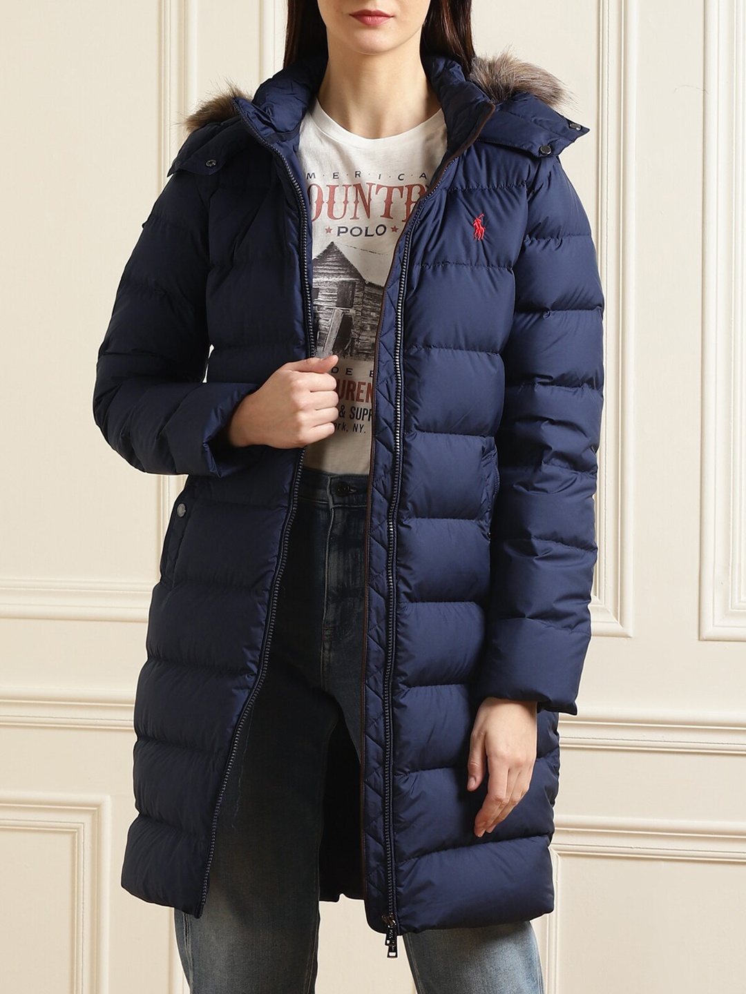 

Polo Ralph Lauren Women Navy Blue Solid Quilted Puffy Over Coat