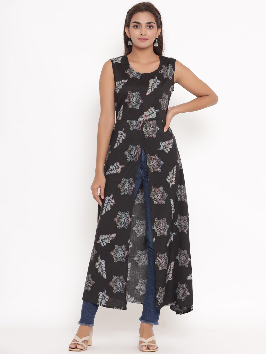 

VEDANA Women Black Floral Printed Anarkali Kurta