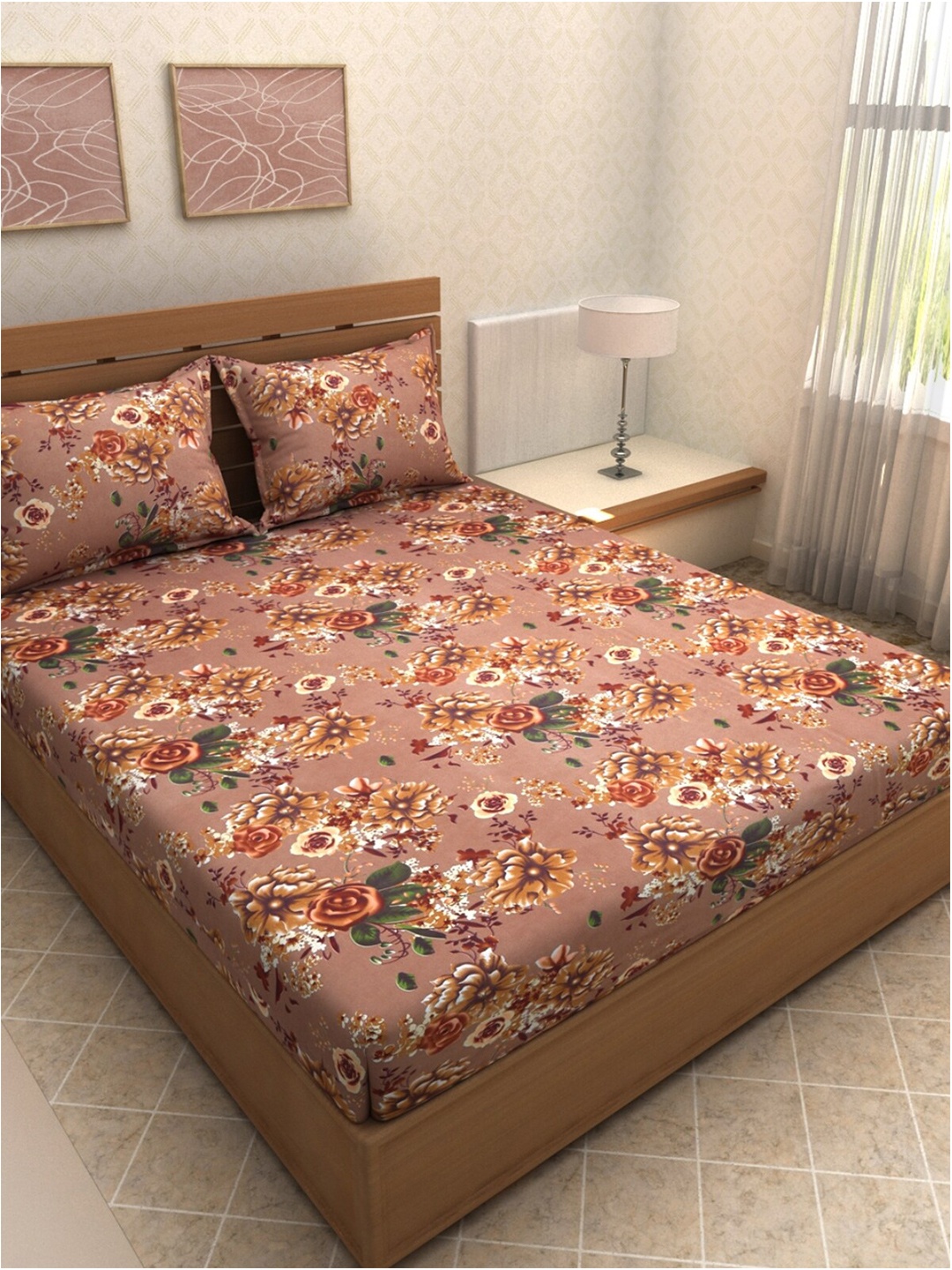 

Aura Brown & Orange Floral 144 TC Microfiber King Bedsheet with 2 Pillow Covers