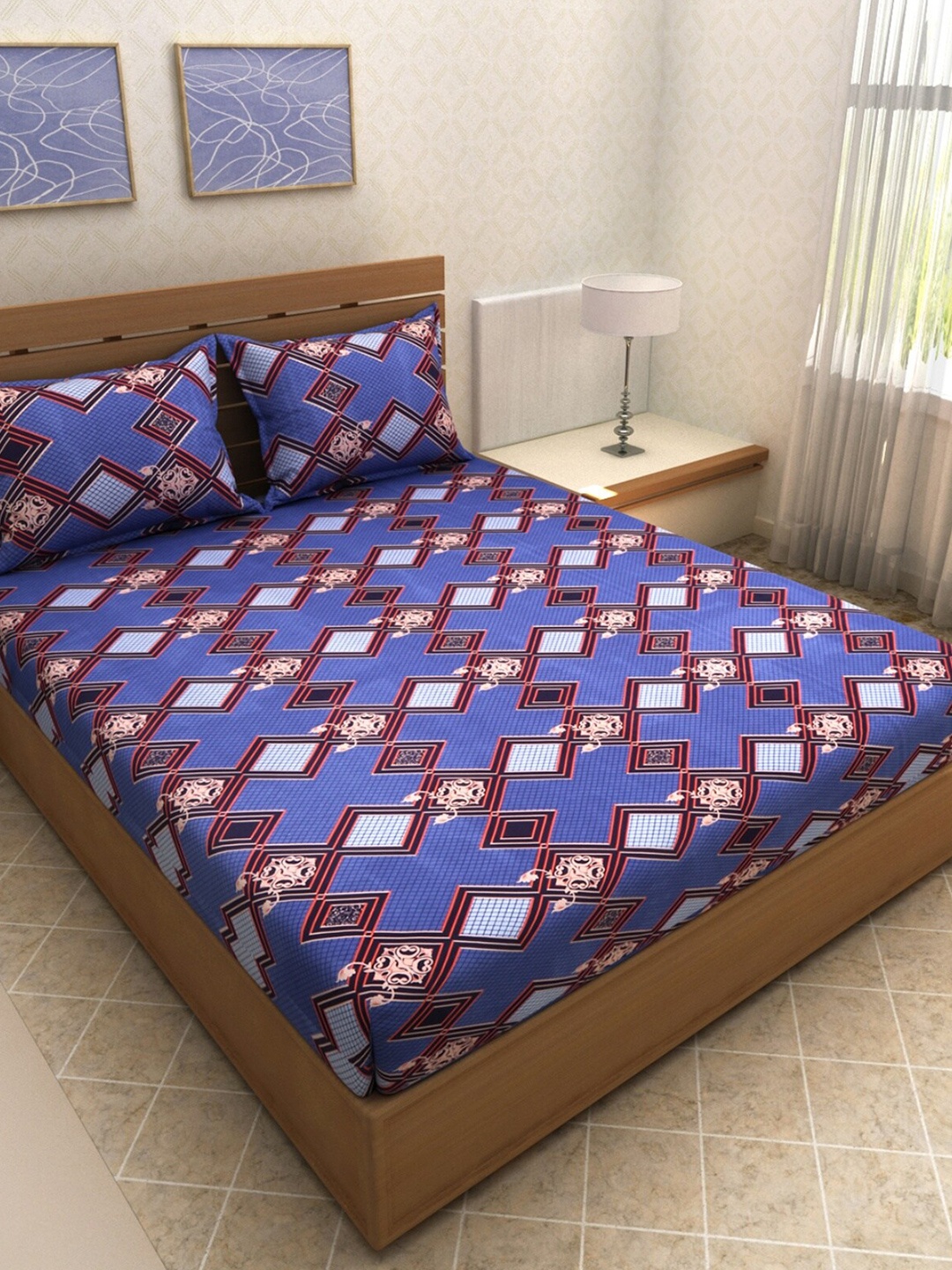 

Aura Blue & Maroon Geometric 160 TC Microfiber King Bedsheet with 2 Pillow Covers