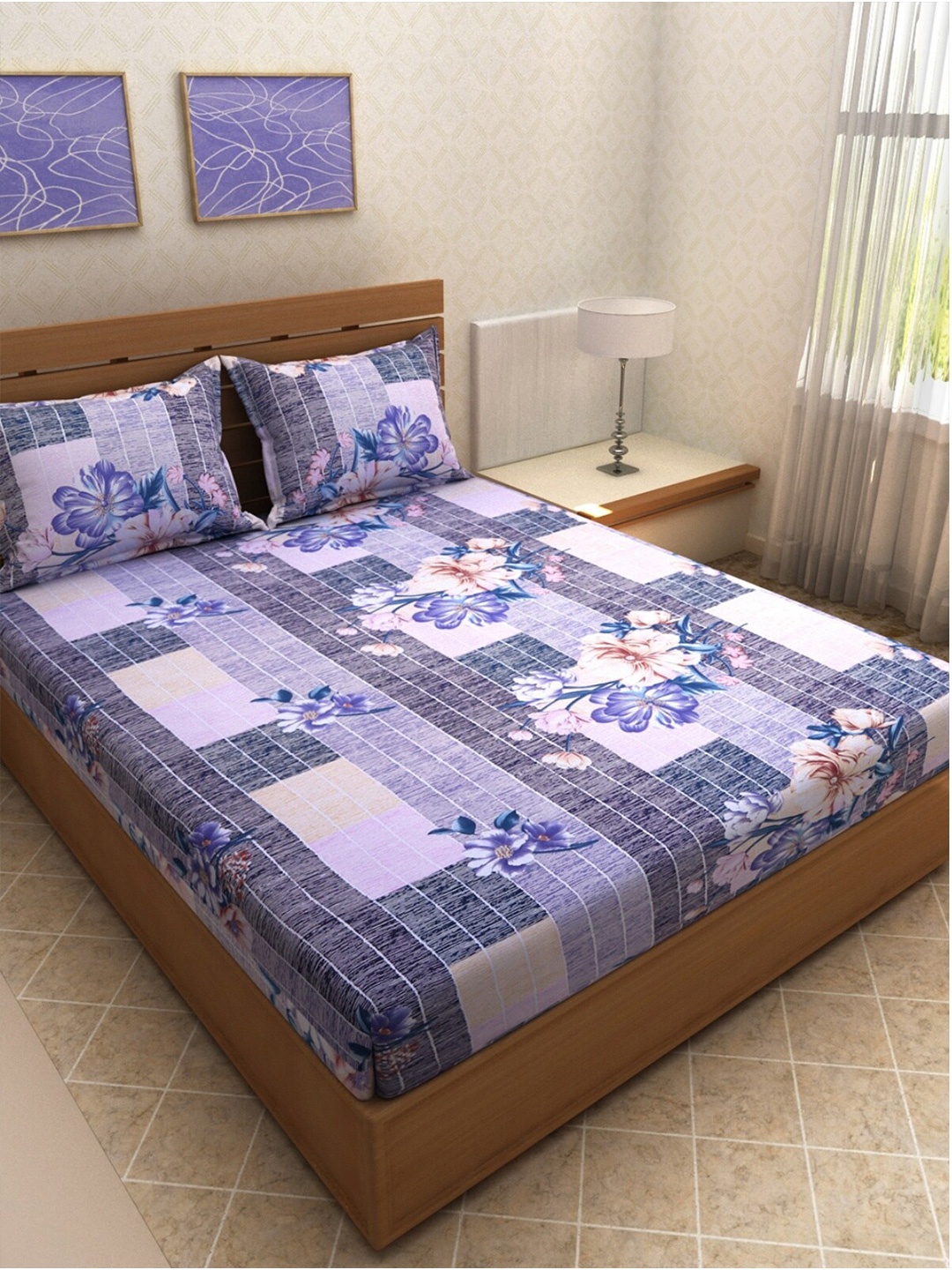 

Aura Blue 144 TC Floral Microfiber Double Bedsheet with 2 Pillow Covers