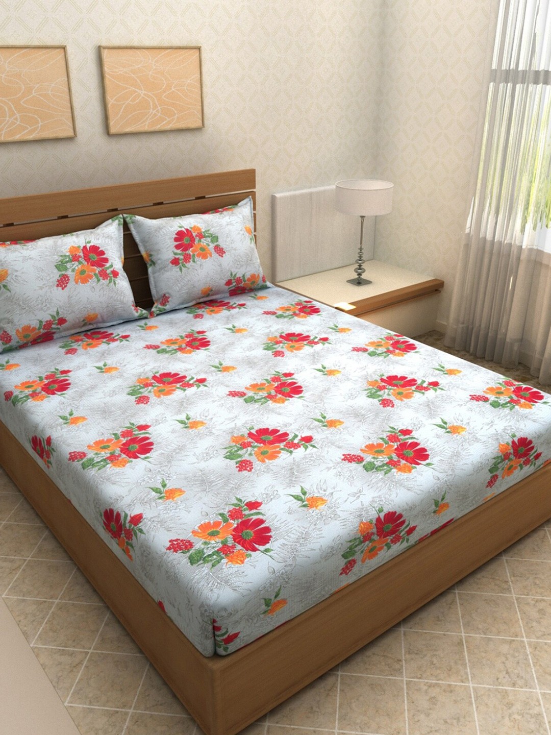 

Aura Grey & Red Floral 144 TC Microfiber King Bedsheet with 2 Pillow Covers