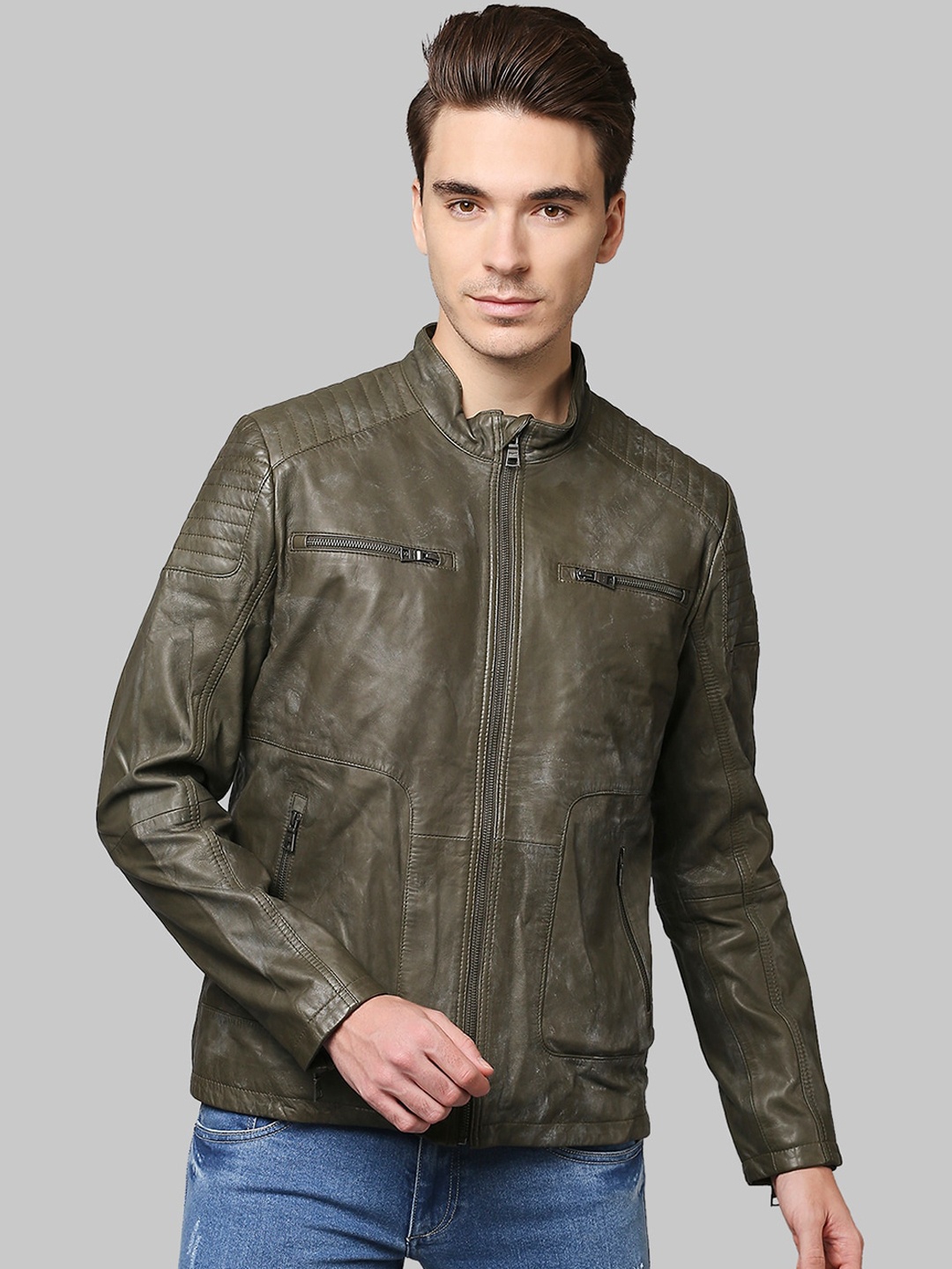 

Park Avenue Men Green Leather Biker Jacket