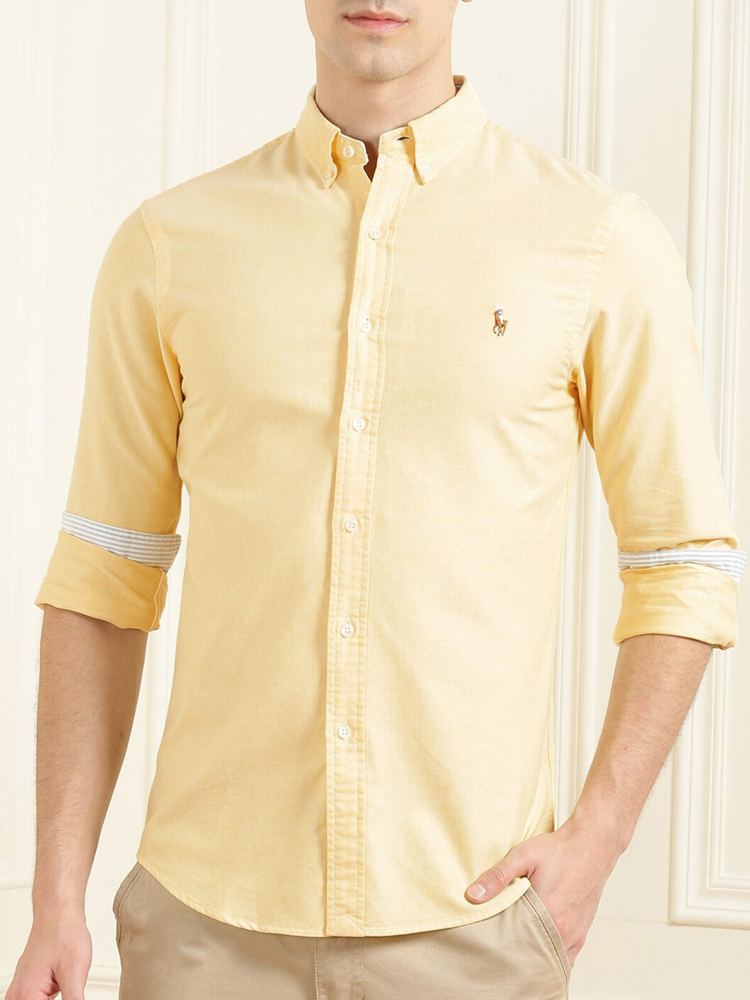 

Polo Ralph Lauren Men Yellow Semi Sheer Cotton Casual Shirt