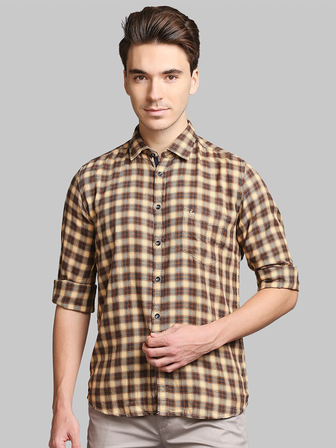 

Parx Men Brown & Beige Slim Fit Opaque Checked Casual Shirt