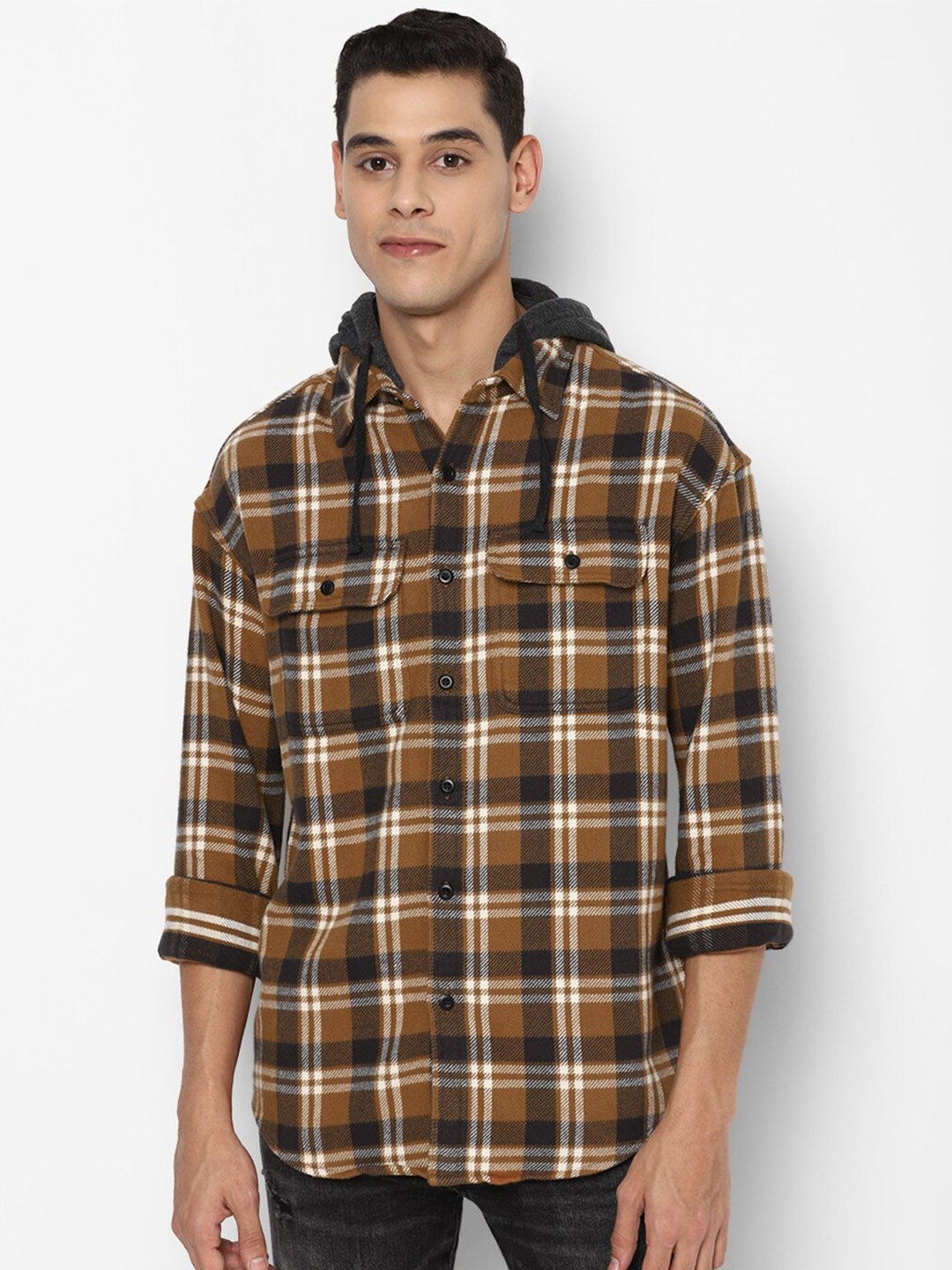 

AMERICAN EAGLE OUTFITTERS Men Brown & Black Pure Cotton Checked Hooded Casual Shirt