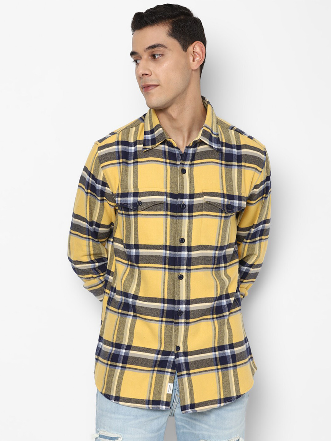 

AMERICAN EAGLE OUTFITTERS Men Yellow Tartan Checks Opaque Cotton Casual Shirt