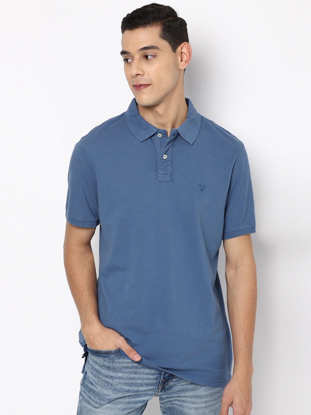 

AMERICAN EAGLE OUTFITTERS Men Blue Polo Collar T-shirt