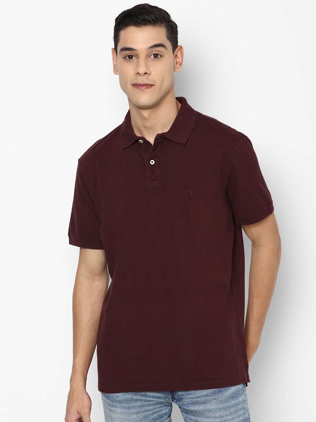 

AMERICAN EAGLE OUTFITTERS Men Burgundy Pure Cotton Polo Collar T-shirt