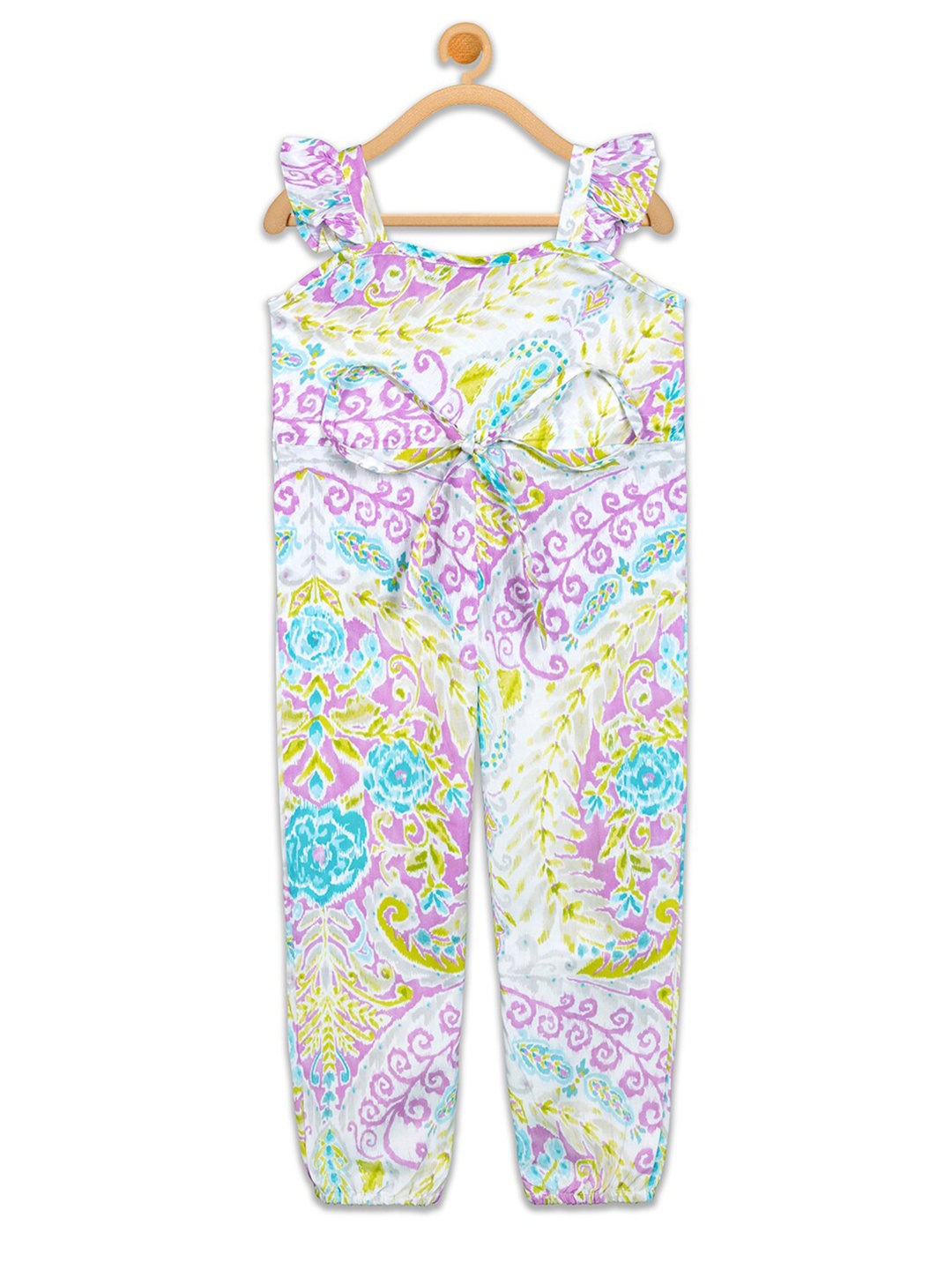 

Olele Girls White & Pink Printed Basic Jumpsuit