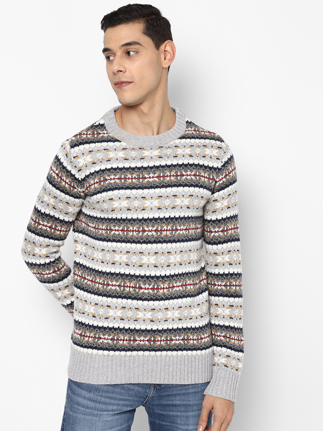

AMERICAN EAGLE OUTFITTERS Men Grey & White Self Design Pullover