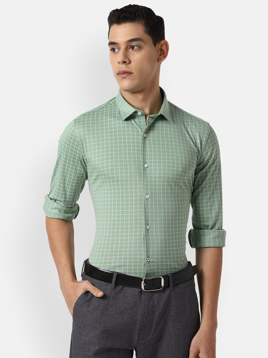 

Louis Philippe Sport Men Green & White Slim Fit Windowpane Checks Opaque Formal Shirt