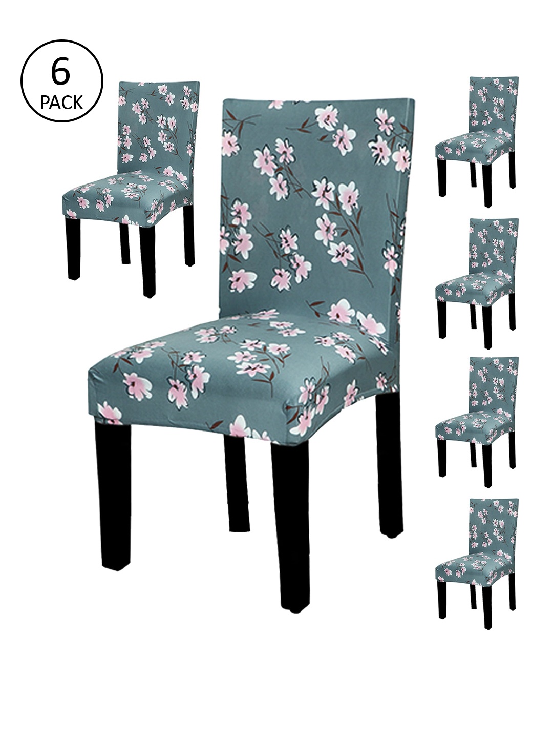 

HOUSE OF QUIRK Set of 6 Grey & Pink Flower Printed Elastic Stretch Removable Chair Cover Set