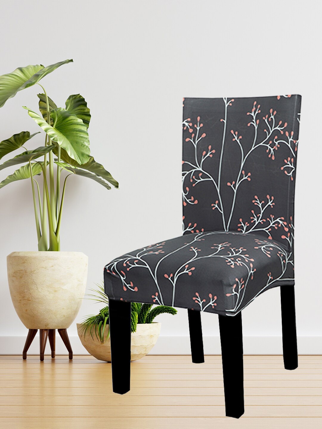 

HOUSE OF QUIRK Set Of 4 Branch Midnight Printed Elastic Stretch Removable Chair Cover Set, Grey