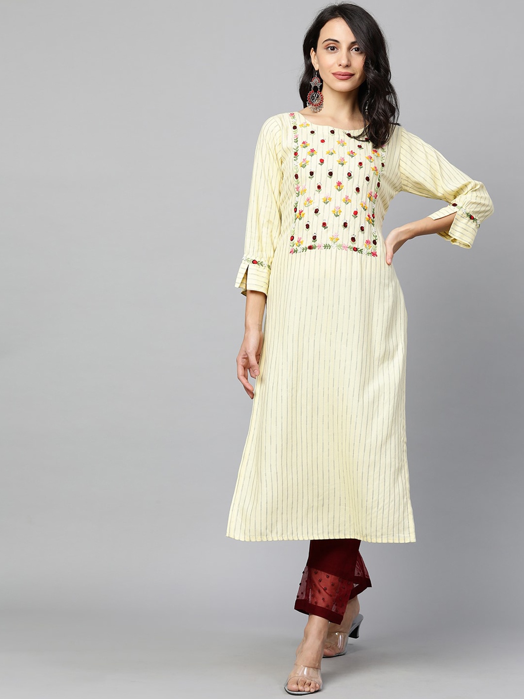 

FASHOR Women Yellow Floral Embroidered & Striped Straight Kurta with 2 Ply Mask