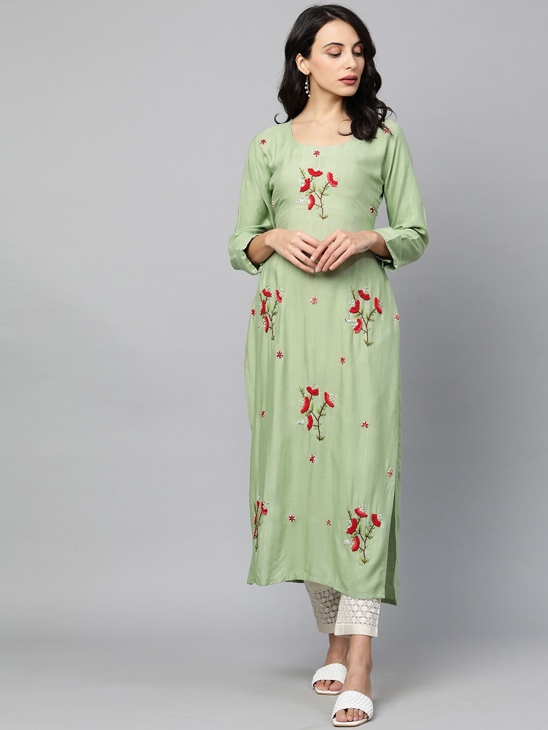 

FASHOR Women Green Embroidered Keyhole Neck Thread Work Kurta