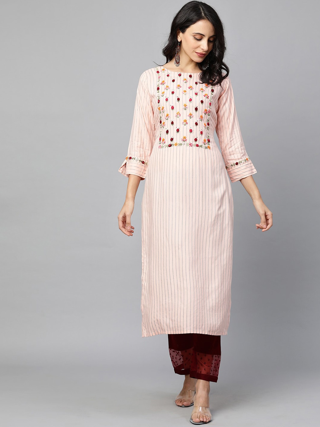 

FASHOR Women Peach-Coloured & Grey Striped Thread Work Kurta with 2-Ply Mask