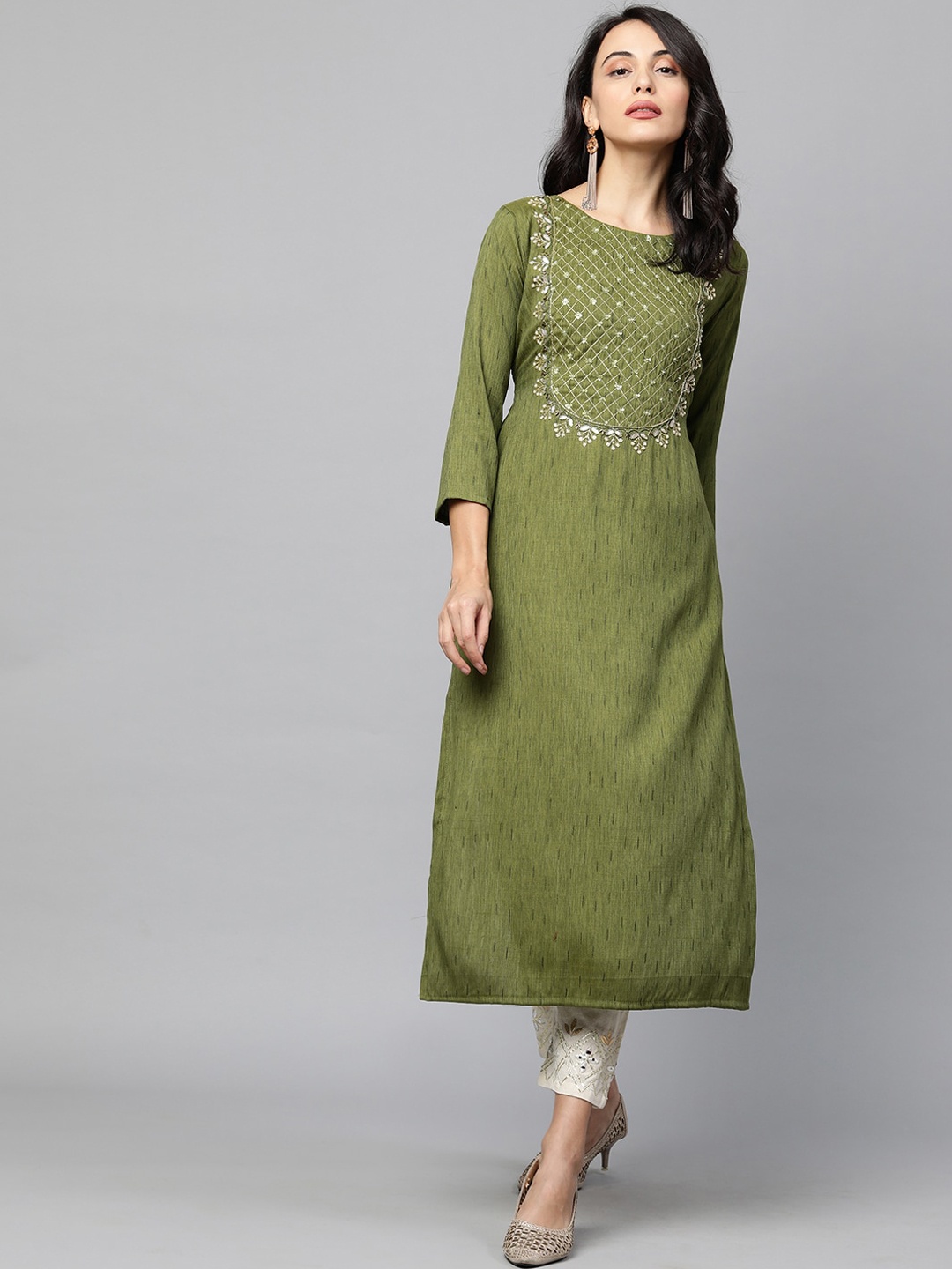 

FASHOR Women Green Geometric Striped Flared Sleeves Mirror Work Kurta