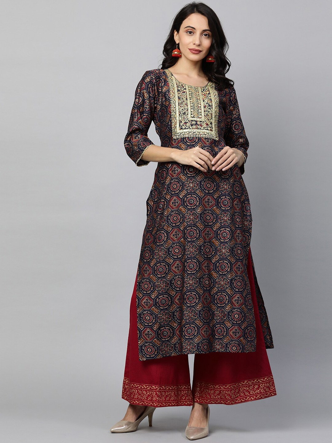 

FASHOR Women Navy Blue Ethnic Motifs Printed Kurta With Matching 2-Ply Mask