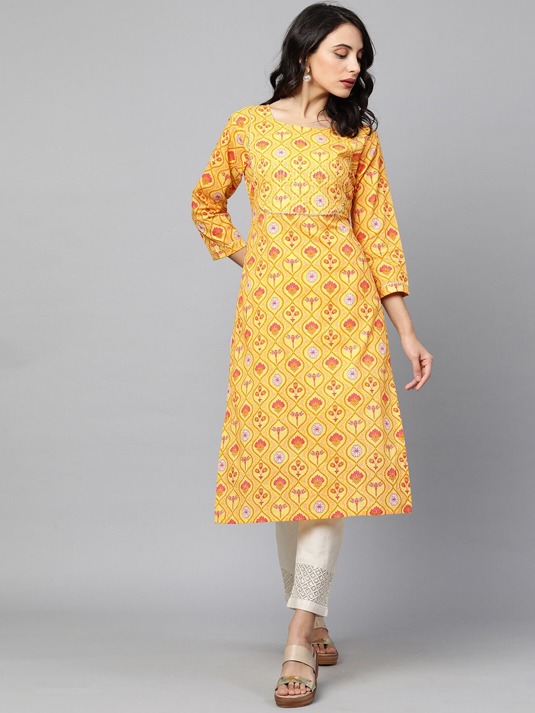 

FASHOR Women Yellow Floral Printed Cotton Thread Work Kurta