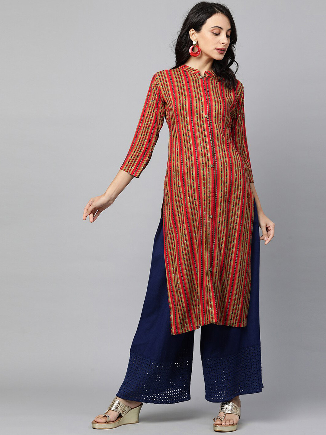 

FASHOR Women Red Geometric Printed Kurta With Matching Mask