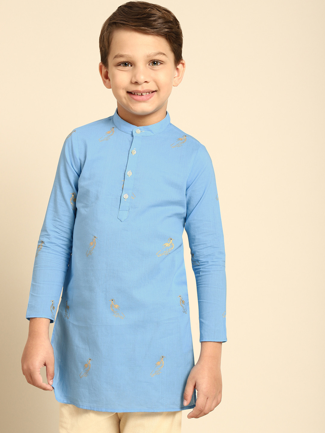 

House of Pataudi Boys Blue Rozana Bird Print Pure Cotton Kurta