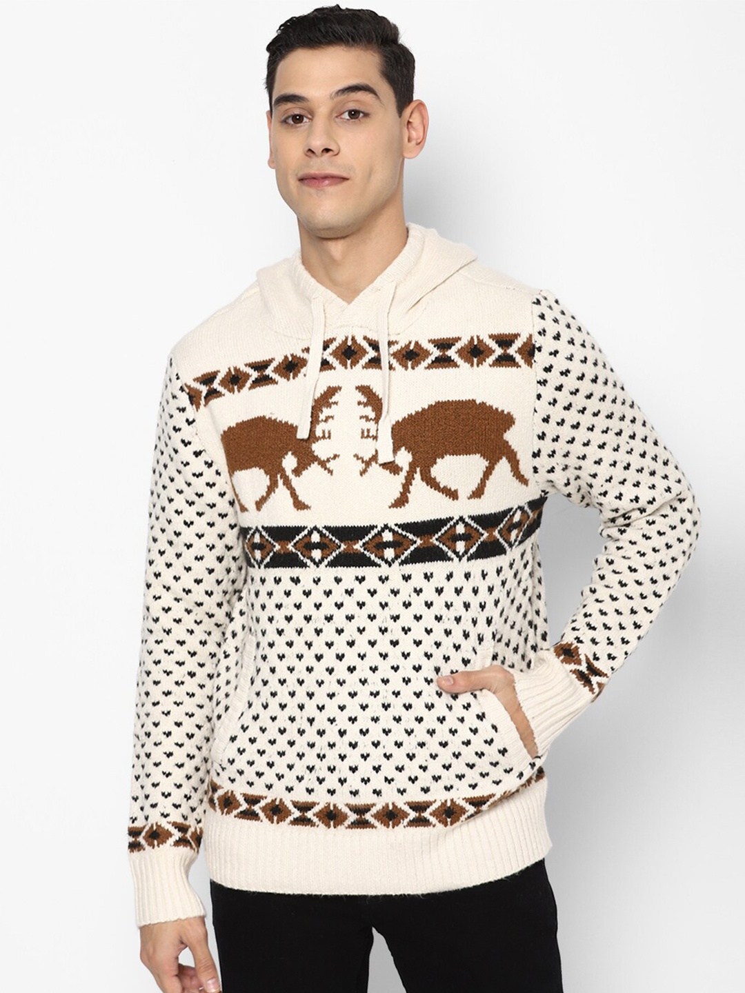 

AMERICAN EAGLE OUTFITTERS Men Cream-Coloured Printed Hooded Sweatshirt