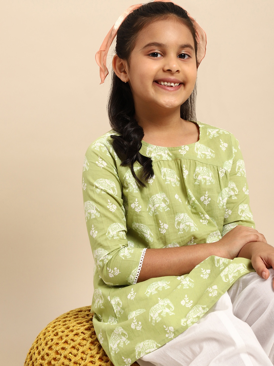 

House of Pataudi Girls Green Printed Pure Cotton A-Line Dress