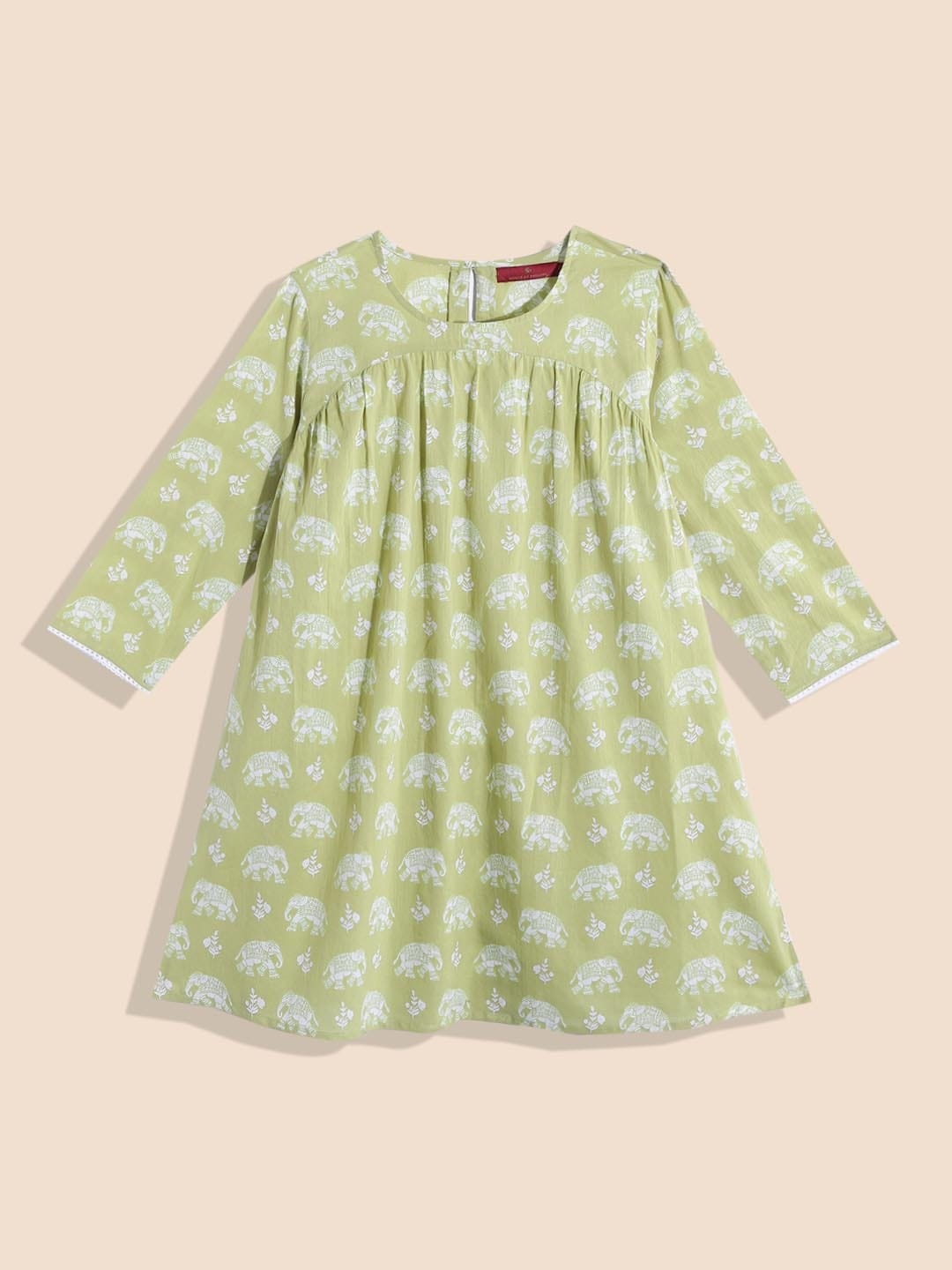 

House of Pataudi Girls Green & White Elephant Print Pure Cotton A-Line Dress