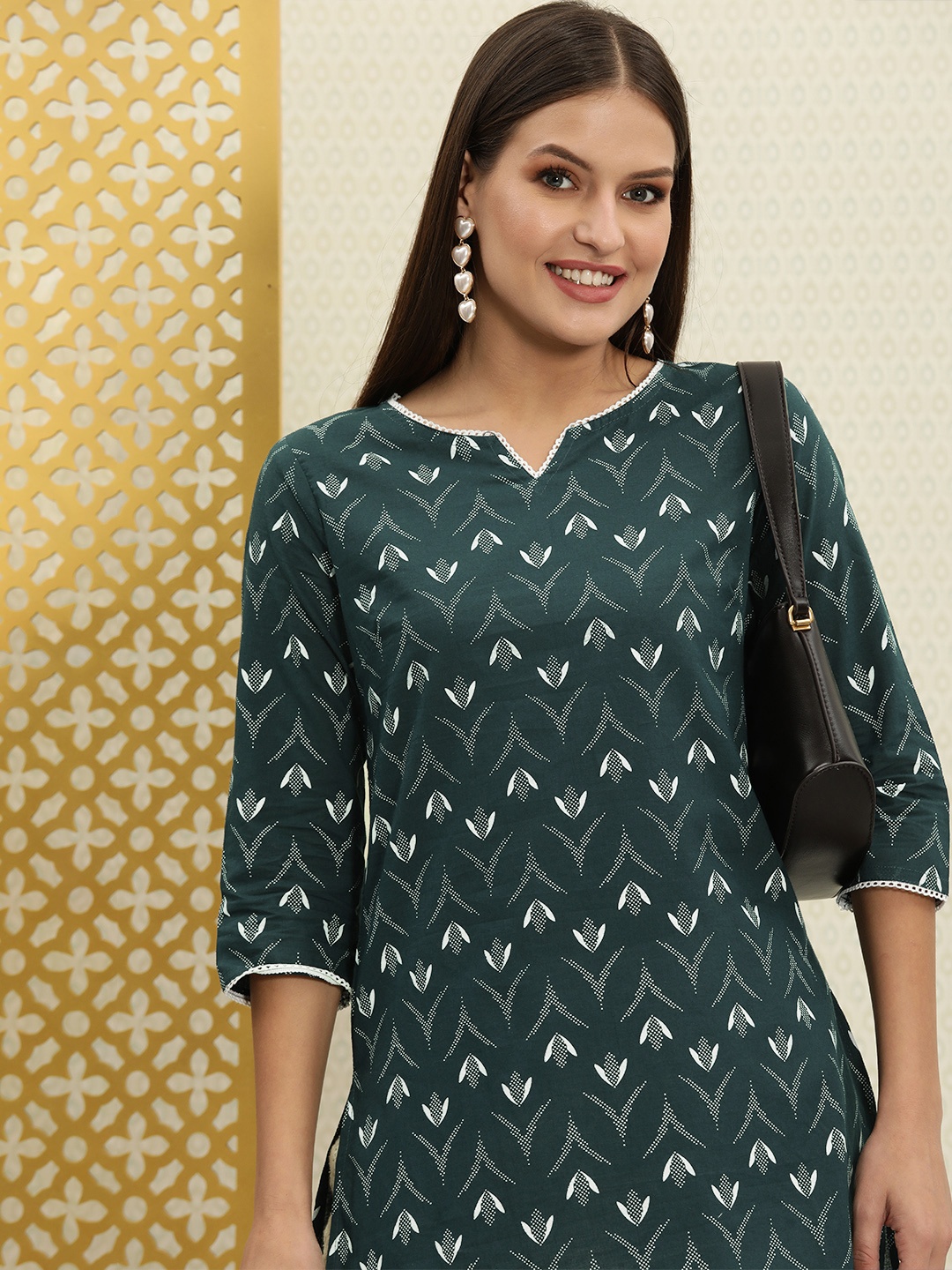 

House of Pataudi Teal Green & White Printed Pure Cotton Rozana Kurti