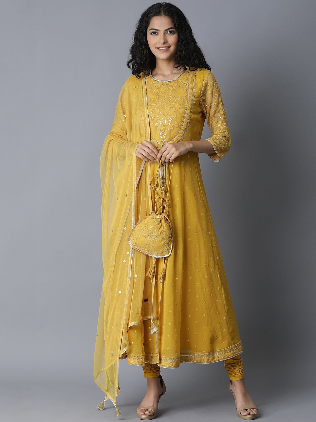 

WISHFUL Women Mustard Yellow Ethnic Motifs Sequinned Kurta with Trousers & Dupatta