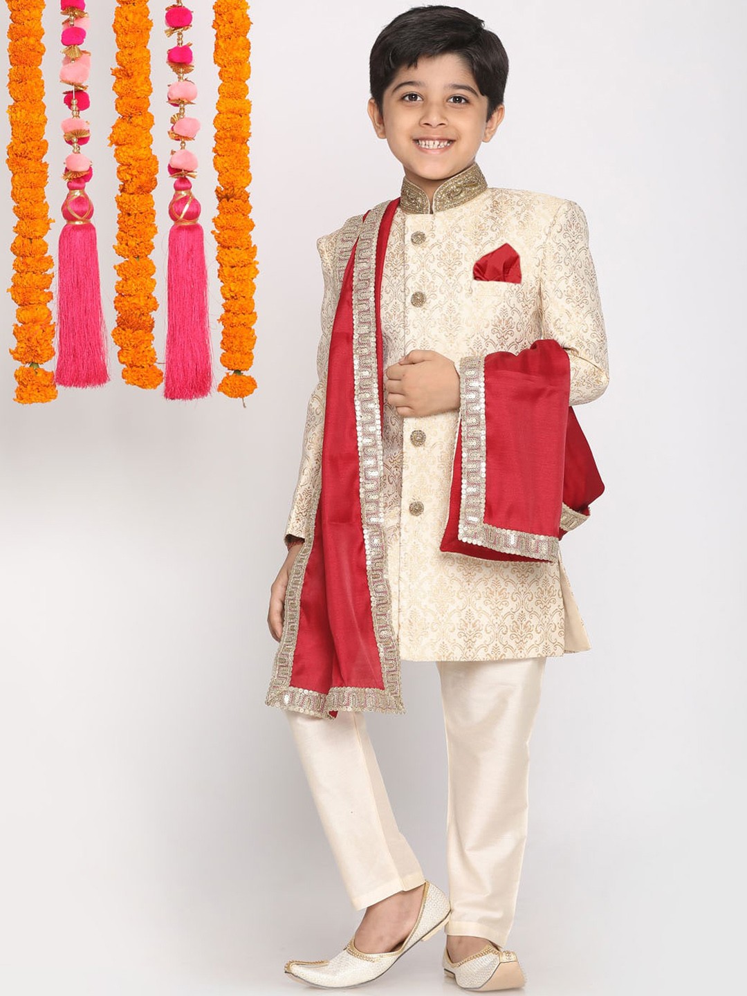 

VASTRAMAY Boys Beige & Cream Woven Design Sherwani Set