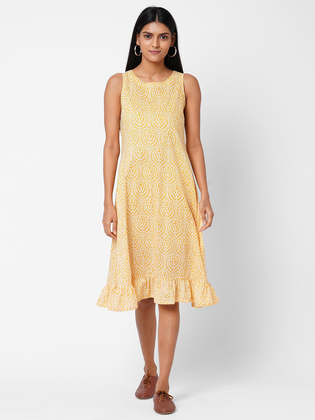 

KAMI KUBI Yellow Ethnic Motifs Pure Cotton A-Line Dress