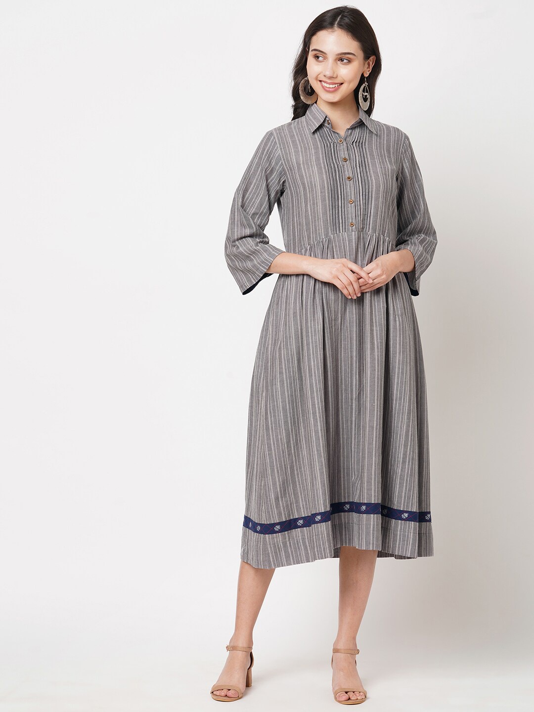 

KAMI KUBI Grey Pure Cotton Striped Shirt Midi Dress