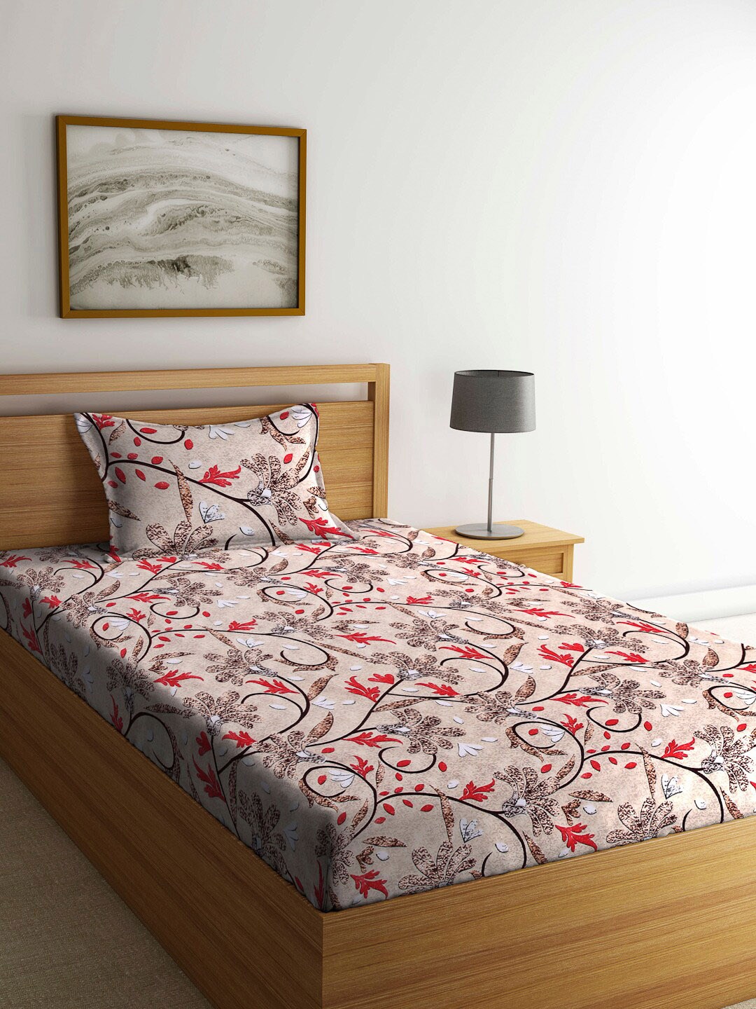 

Arrabi Brown & Red Floral 130 TC Single Bedsheet with 1 Pillow Covers