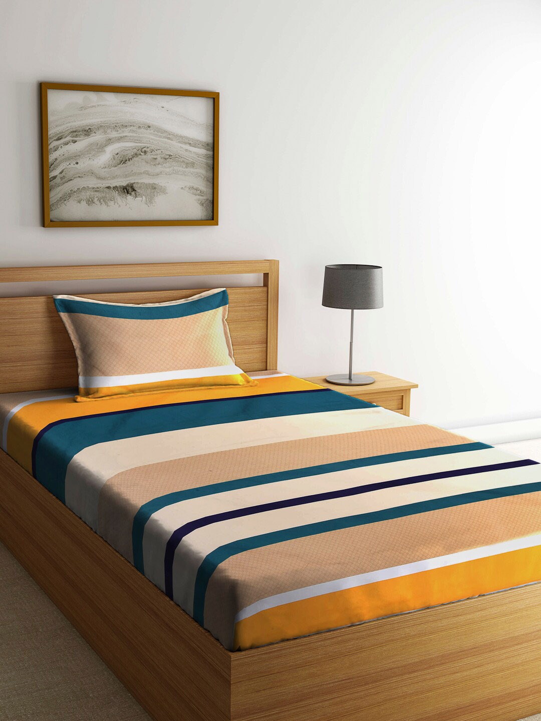 

Arrabi Blue & Mustard Striped 130 TC Single Bedsheet with 1 Pillow Covers