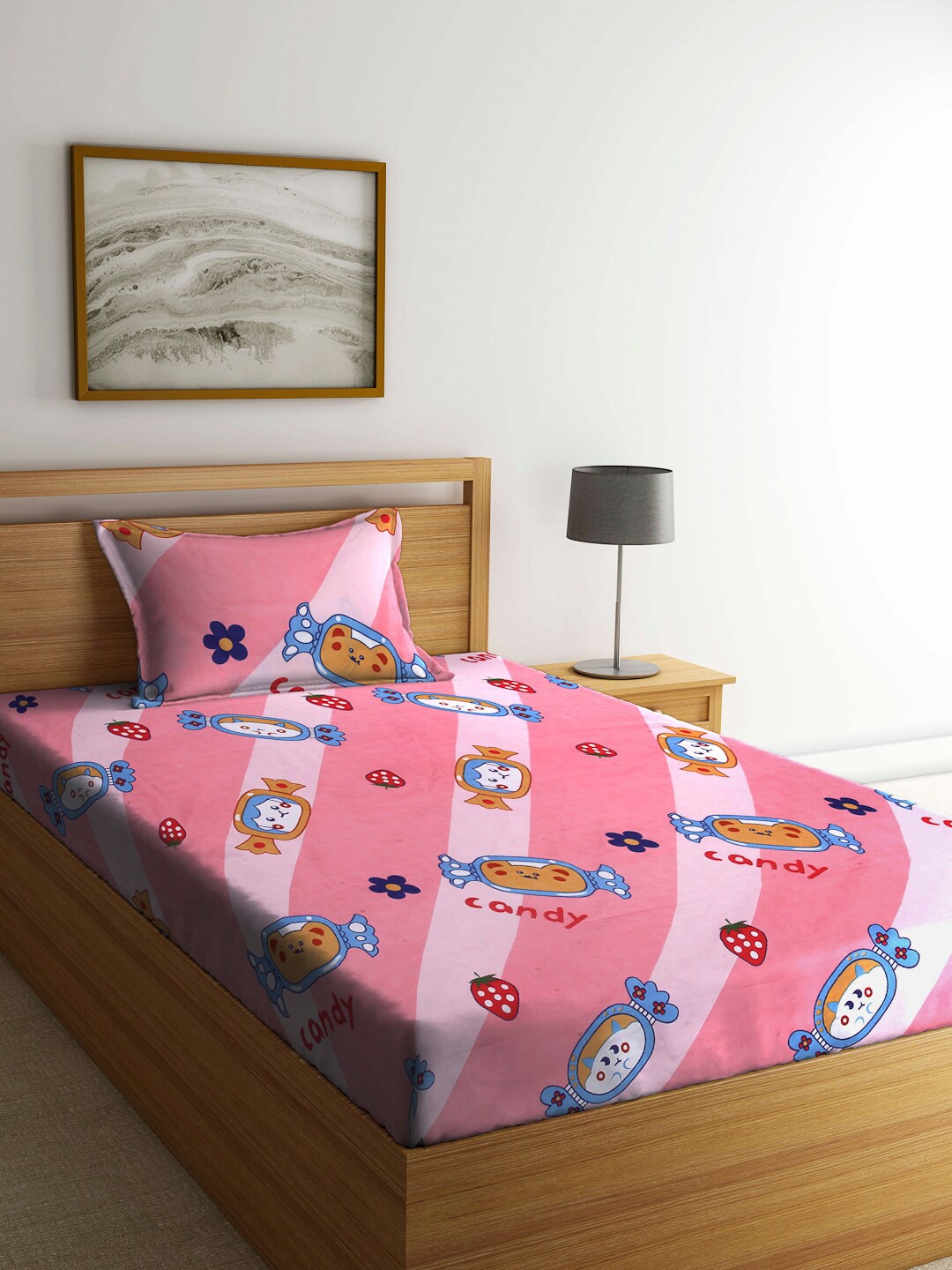 

Arrabi Pink & Blue Cartoon Characters 130 TC Single Bedsheet with 1 Pillow Covers