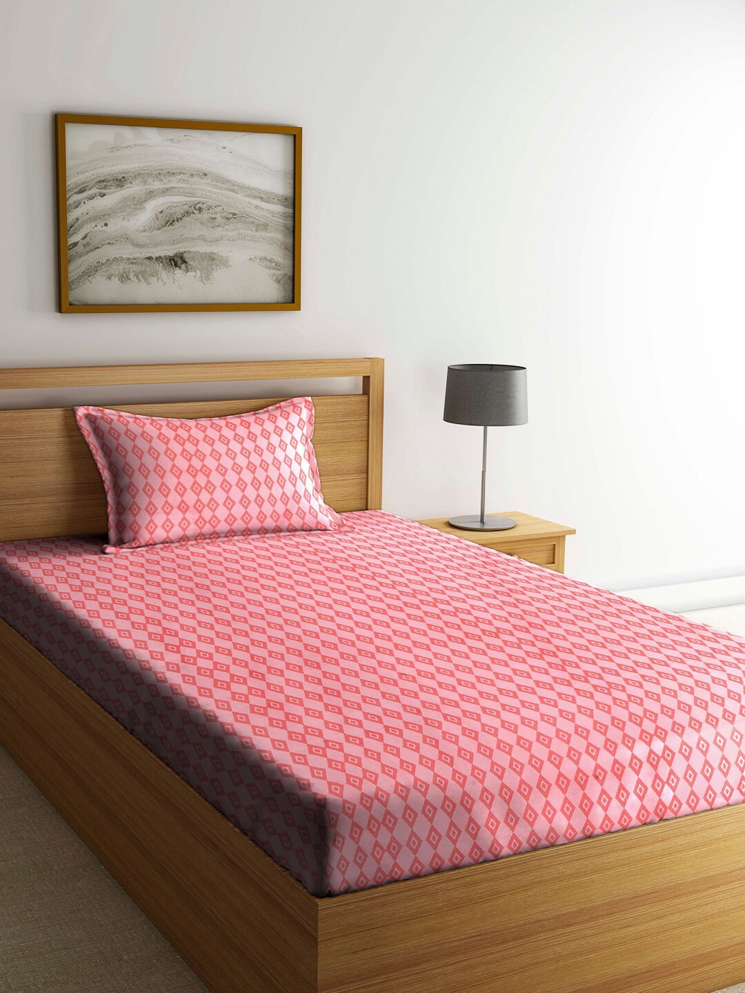 

Arrabi Peach-Coloured Geometric 130 TC Single Bedsheet with 1 Pillow Covers